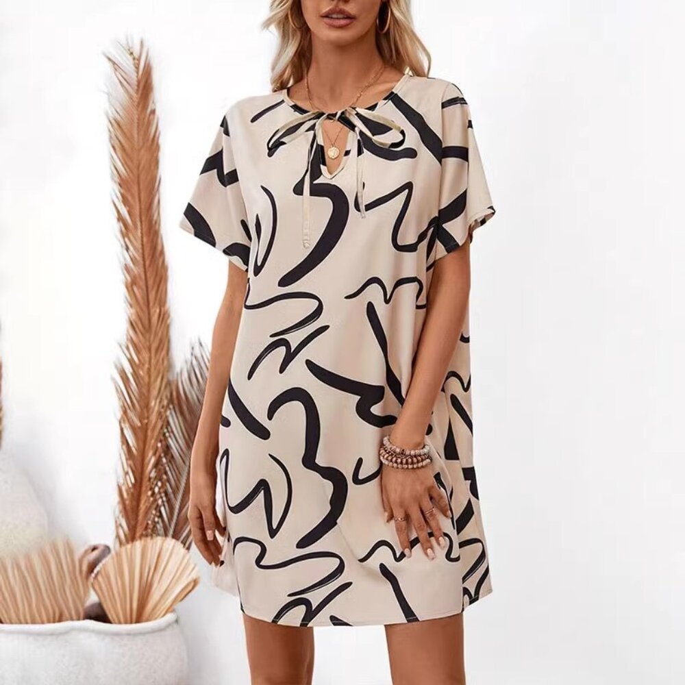 Loose short sleeves elegant dress skirt strap print commute